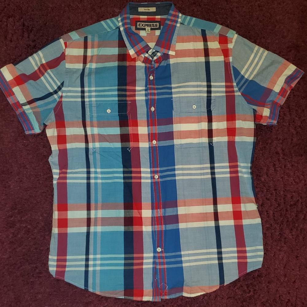 EXPRESS | Fitted Plaid Button-Down Shirt XL